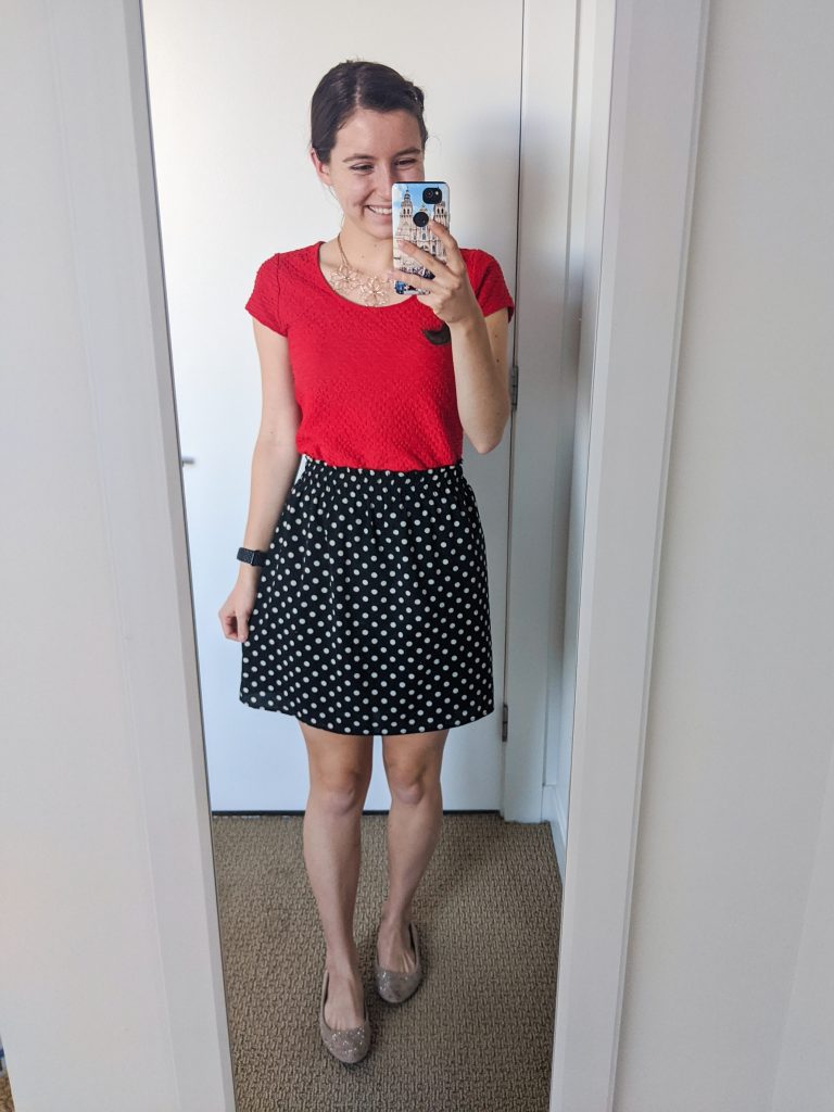 red-blouse-polka-dot-skirt-work-chic