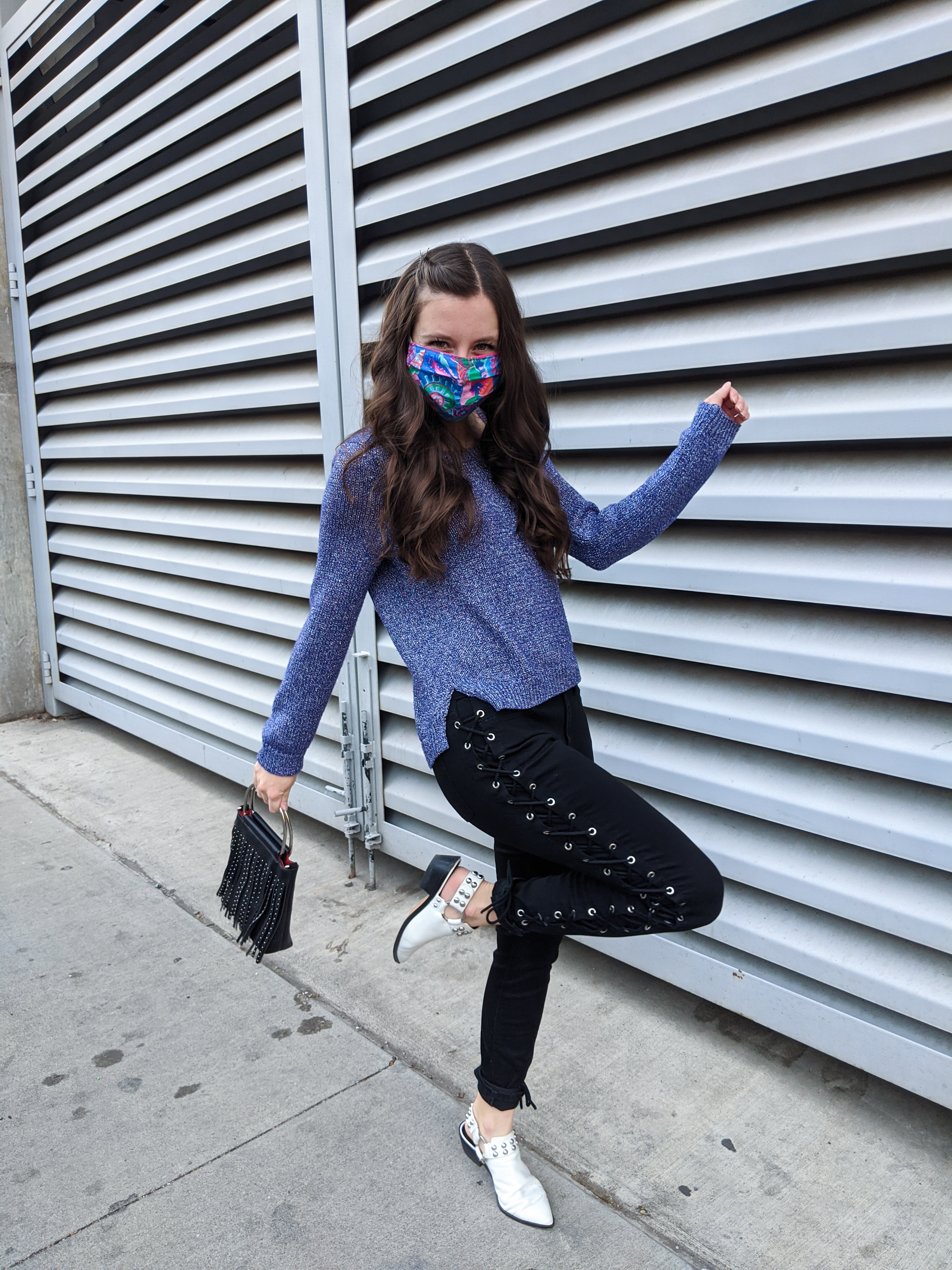 purple-sweater-laceup-pants-colorful-facemask