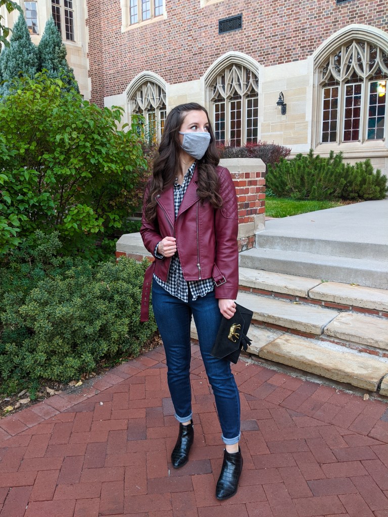 checkered-top-burgundy-jacket-skinny-jeans-fall-fashion
