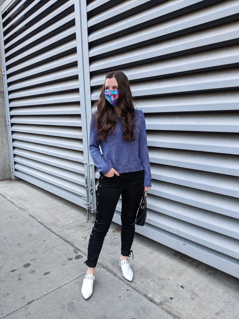 purple-sweater-white-mules-mask-fashion