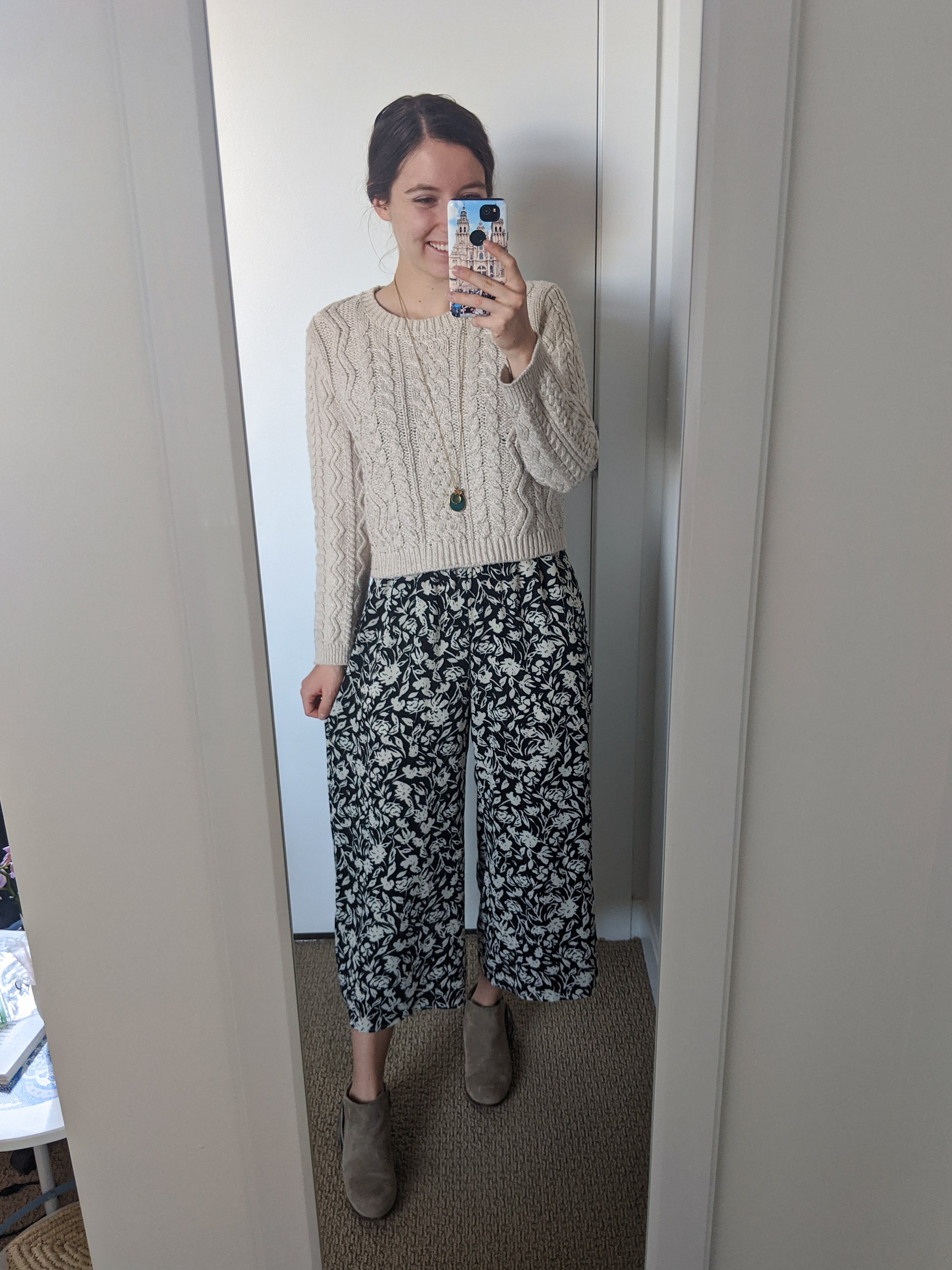 floral-jumpsuit-cableknit-sweater-beige-booties