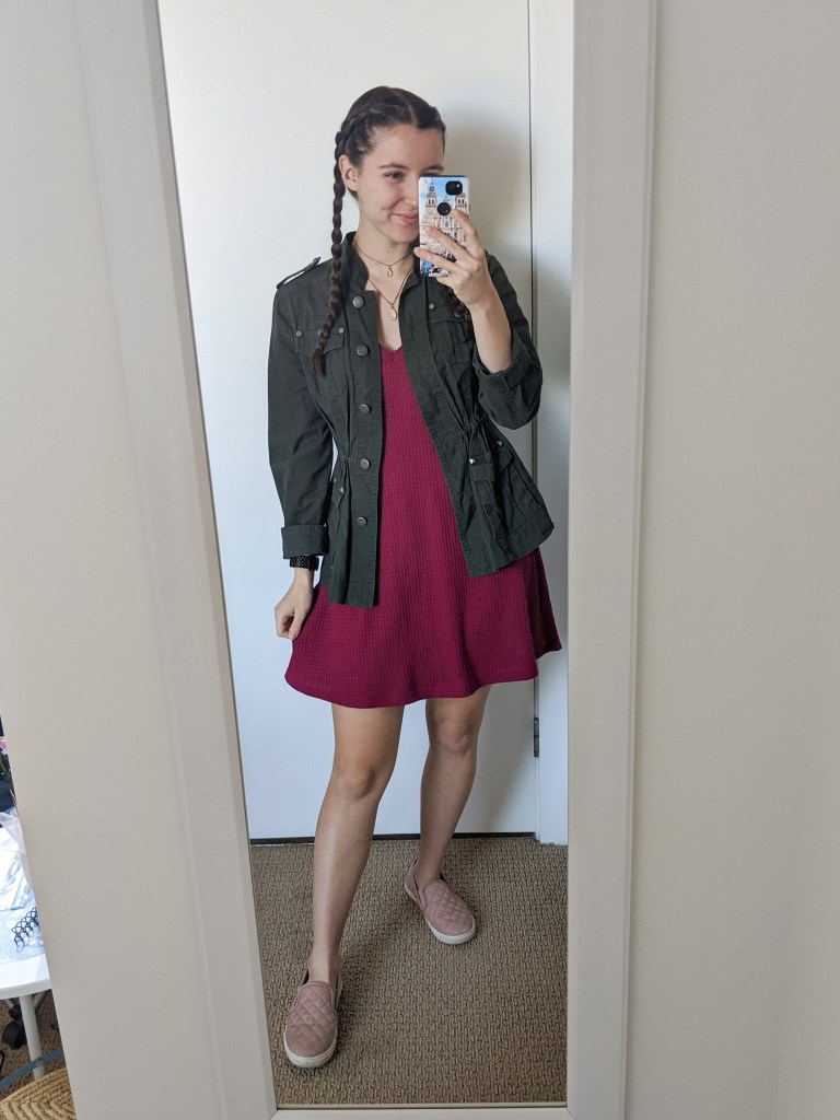 red-dress-military-style-jacket-blush-sneakers