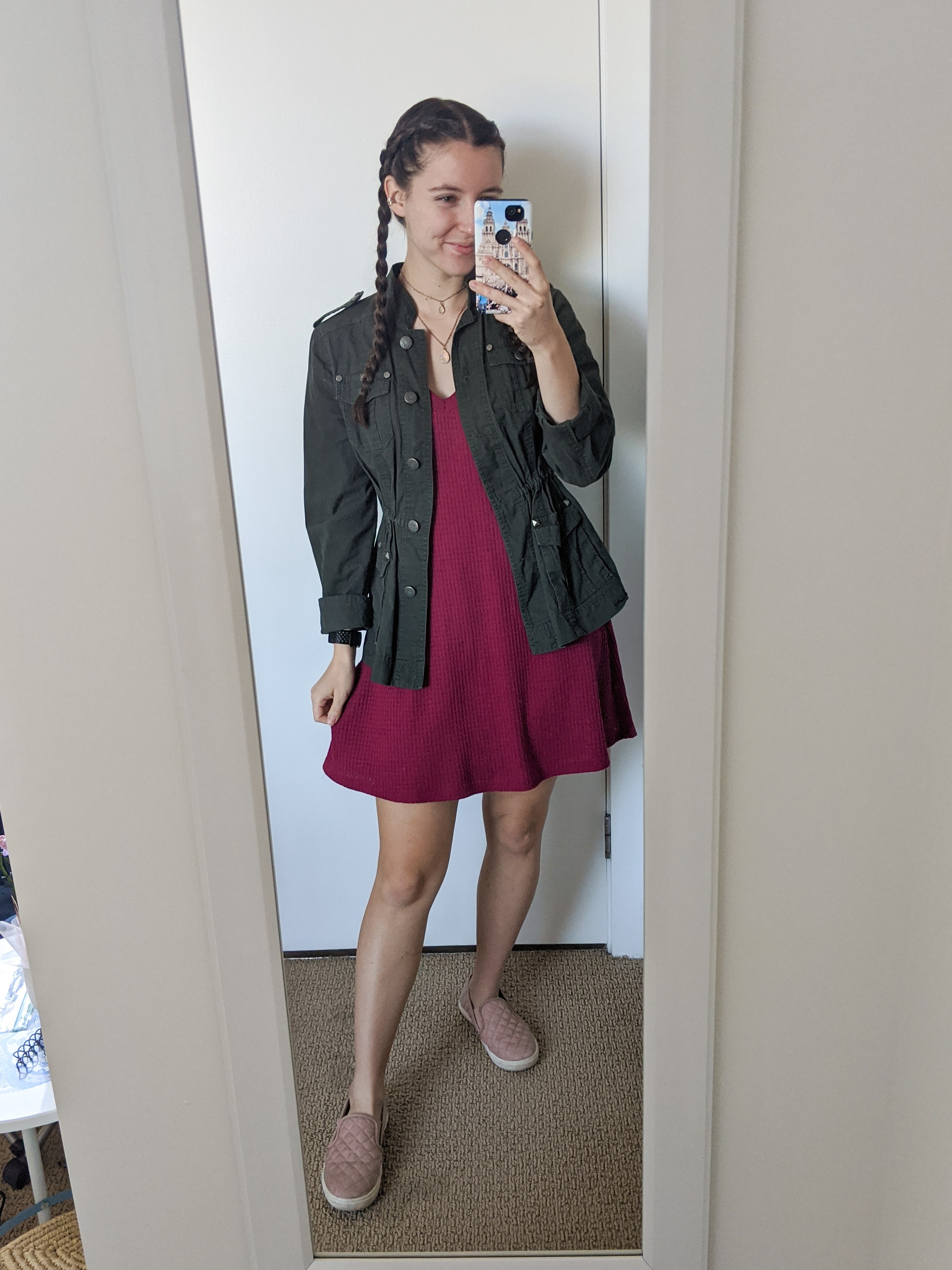 red-dress-military-style-jacket-blush-sneakers