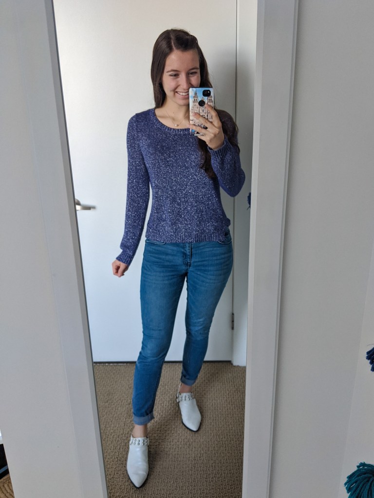 purple-sweater-skinny-jeans-white-mules