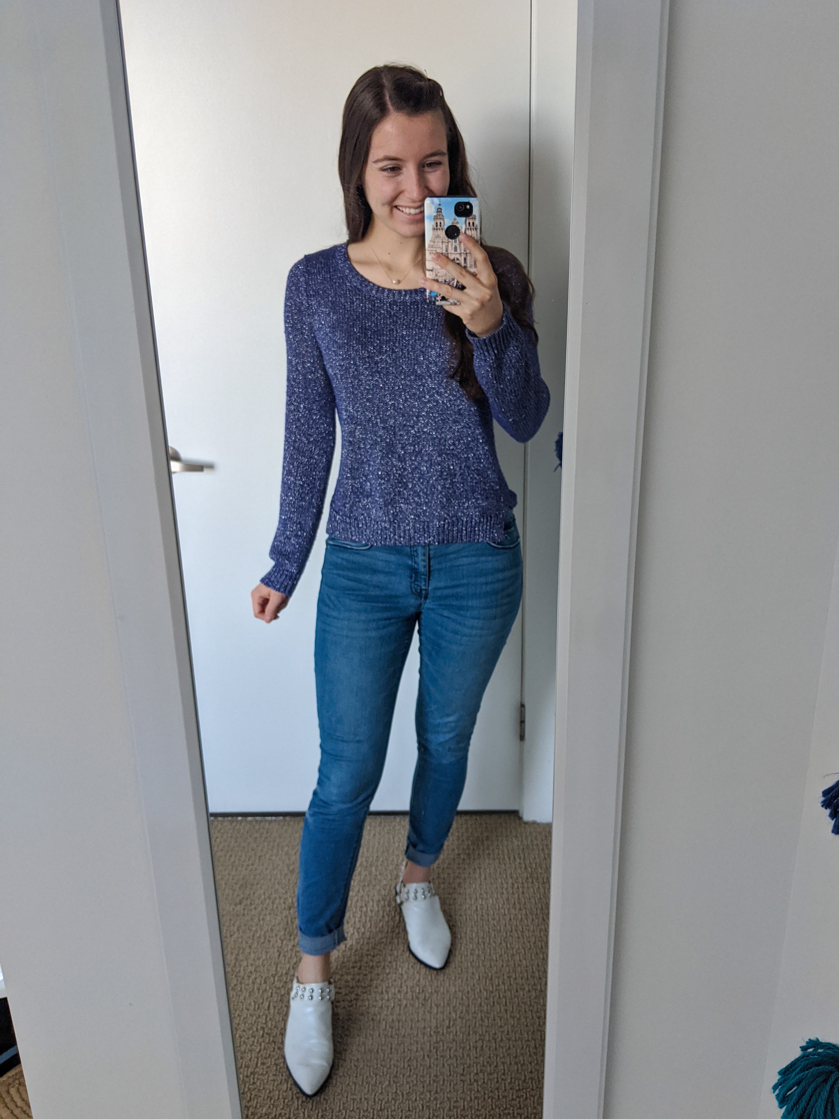 purple-sweater-skinny-jeans-white-mules