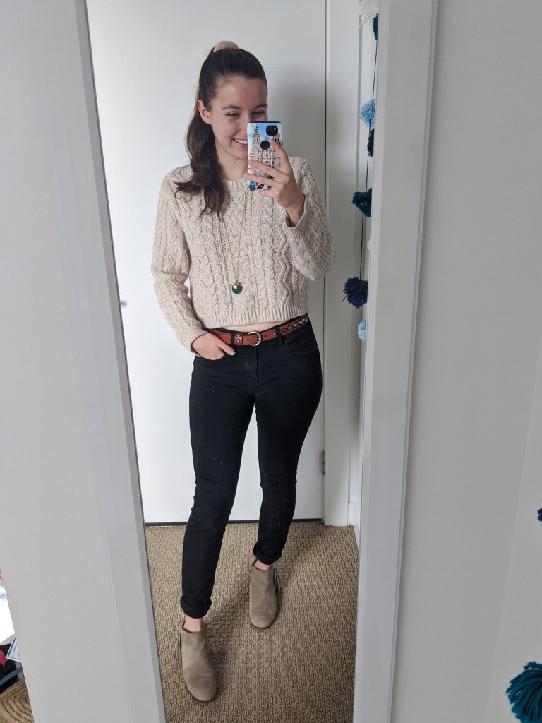 cableknit-sweater-black-jeans-beige-booties-fall-style