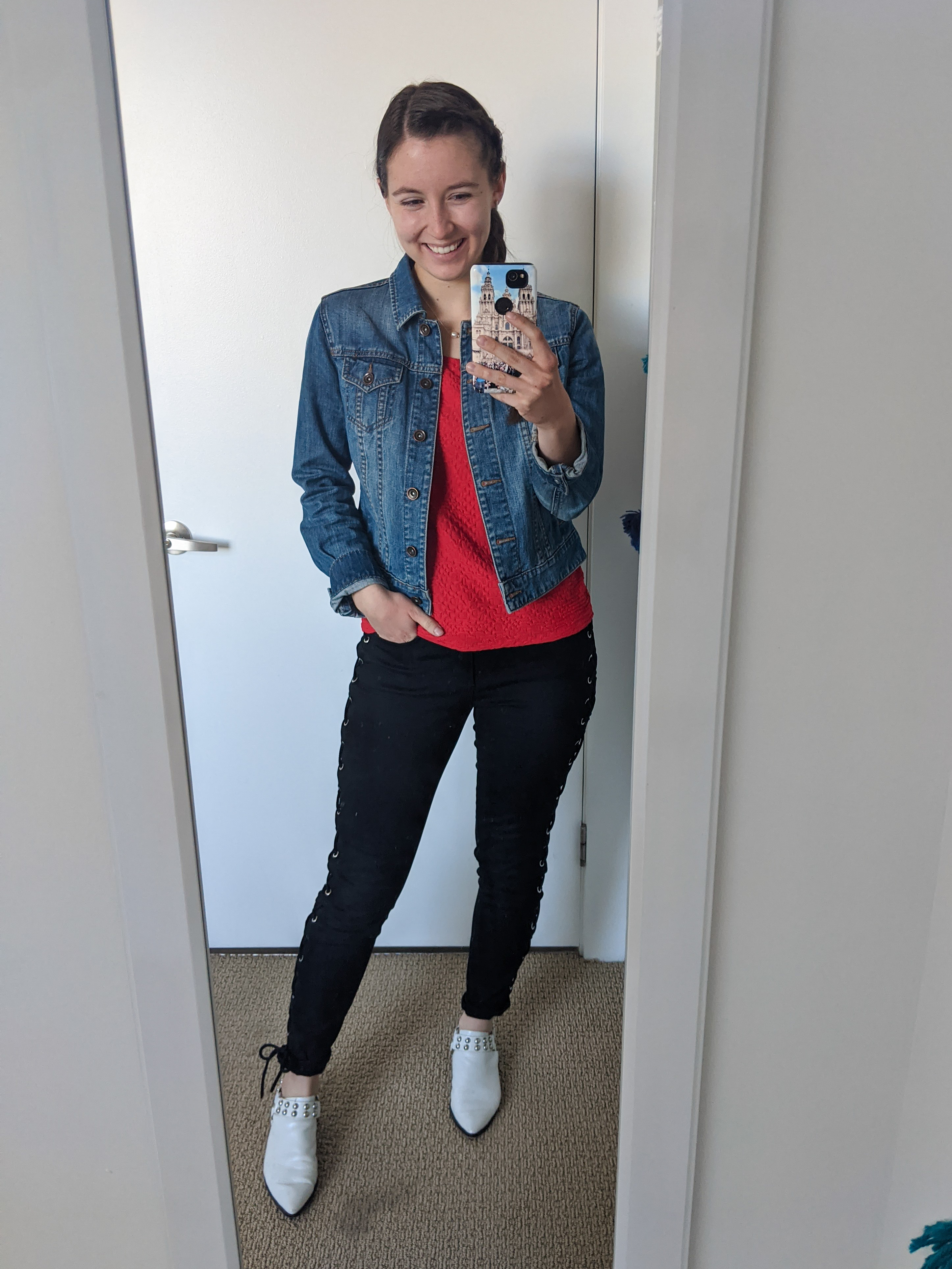 red-blouse-ootd-jean-jacket-white-mules