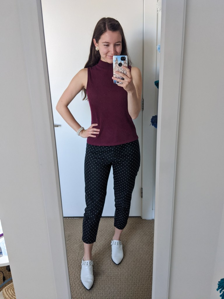 white-mules-work-chic-ootd-polka-dot-pants-mockneck