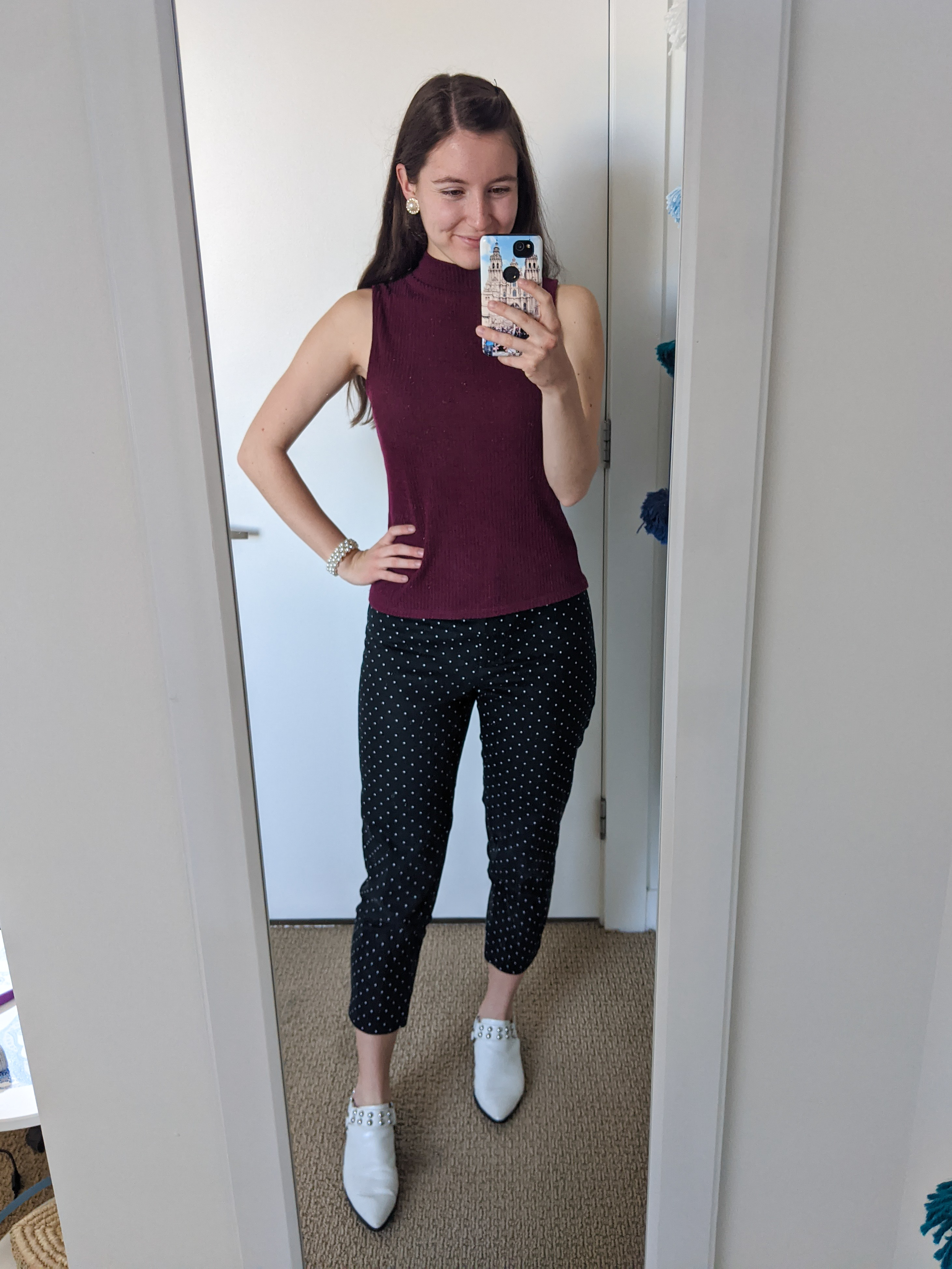 white-mules-work-chic-ootd-polka-dot-pants-mockneck