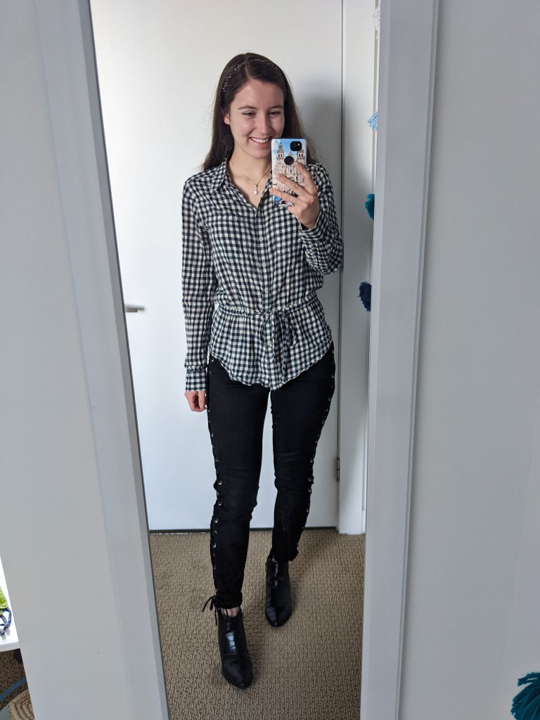 buffalo-check-collared-blouse-black-laceup-pants-black-booties