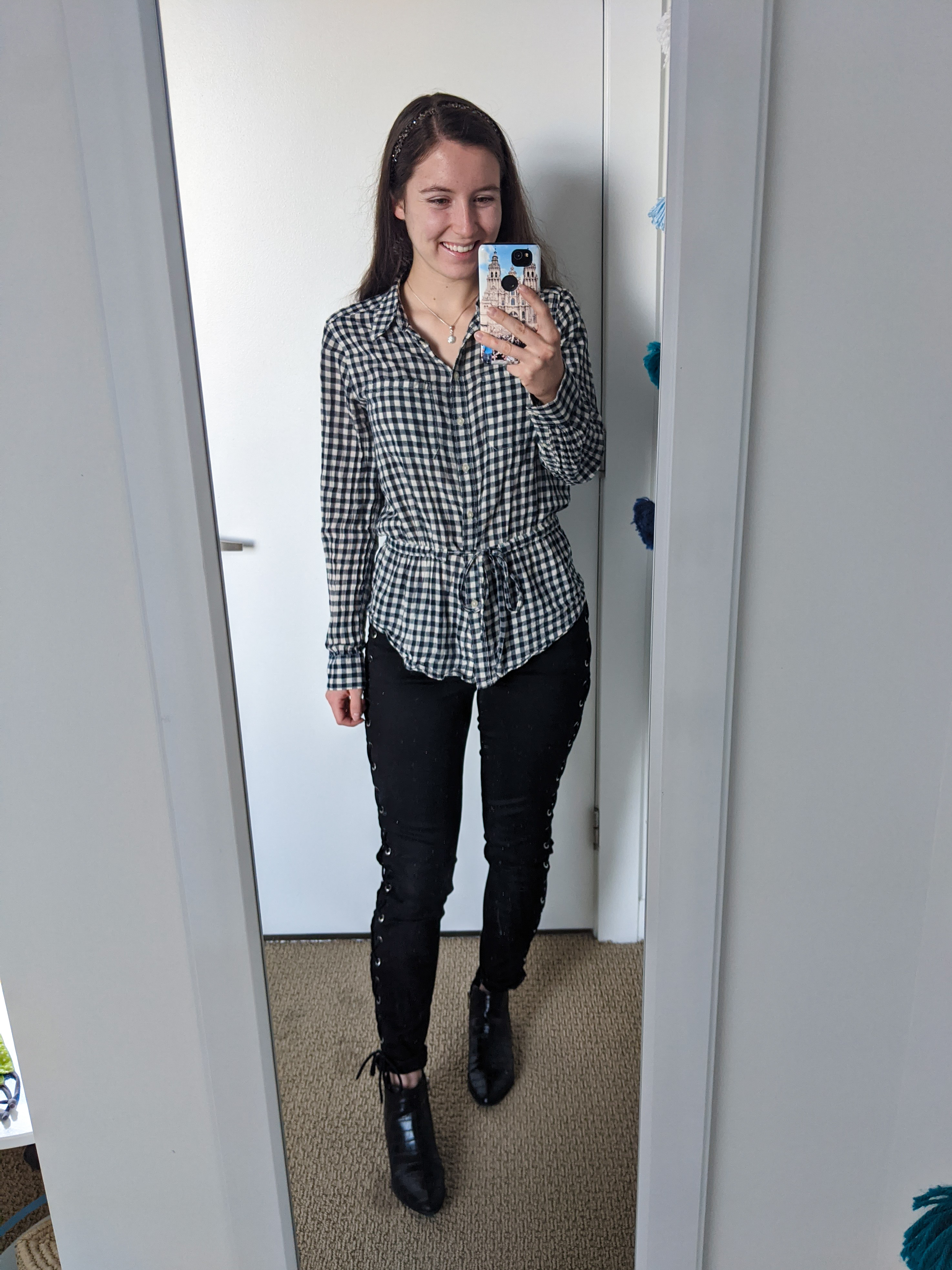 buffalo-check-collared-blouse-black-laceup-pants-black-booties