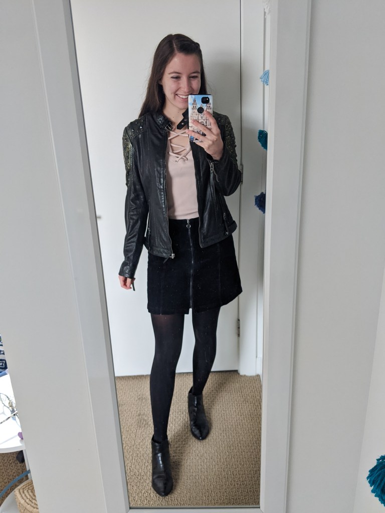 leather-jacket-giveaway-black-corduroy-skirt-laceup-top