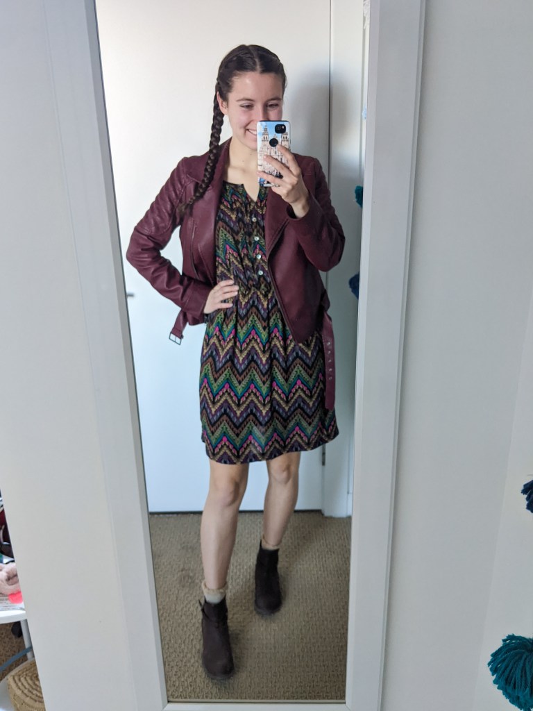 brown-patterned-dress-charming-charlie-maroon-moto-jacket