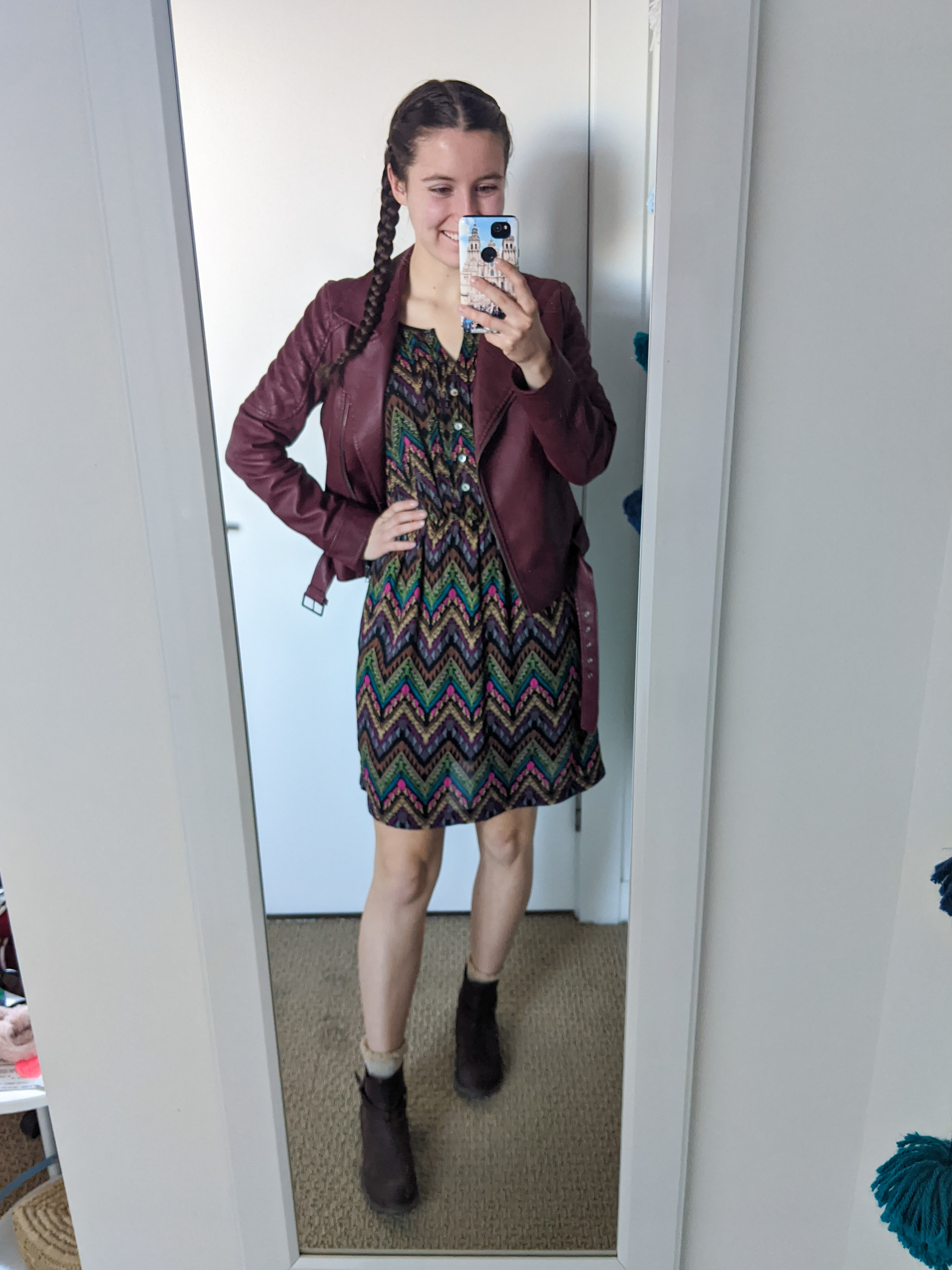brown-patterned-dress-charming-charlie-maroon-moto-jacket