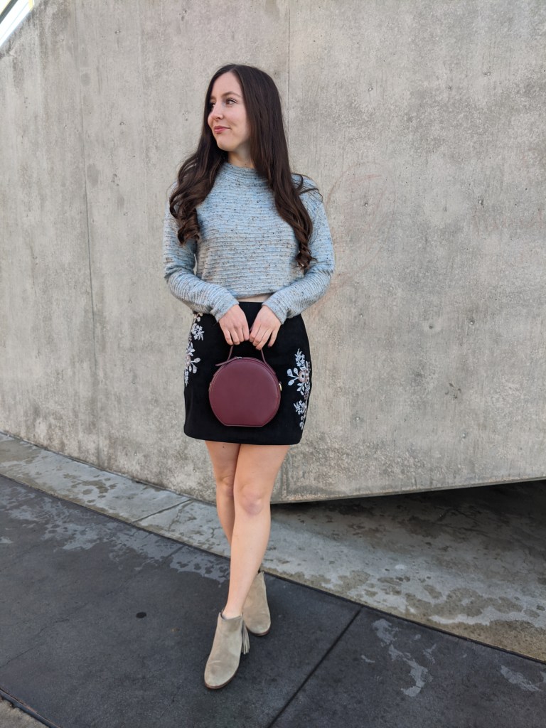 blue-sweater-maroon-circle-purse-embroidered-skirt