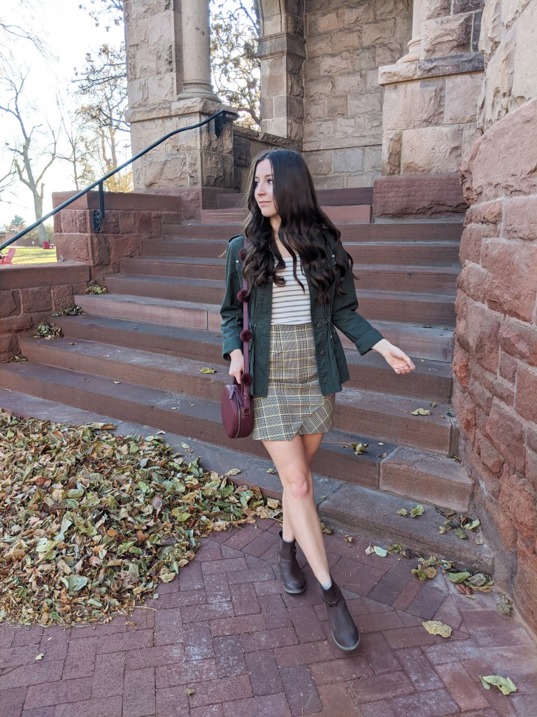 pattern-mixing-stripes-plaid-skirt-military-jacket