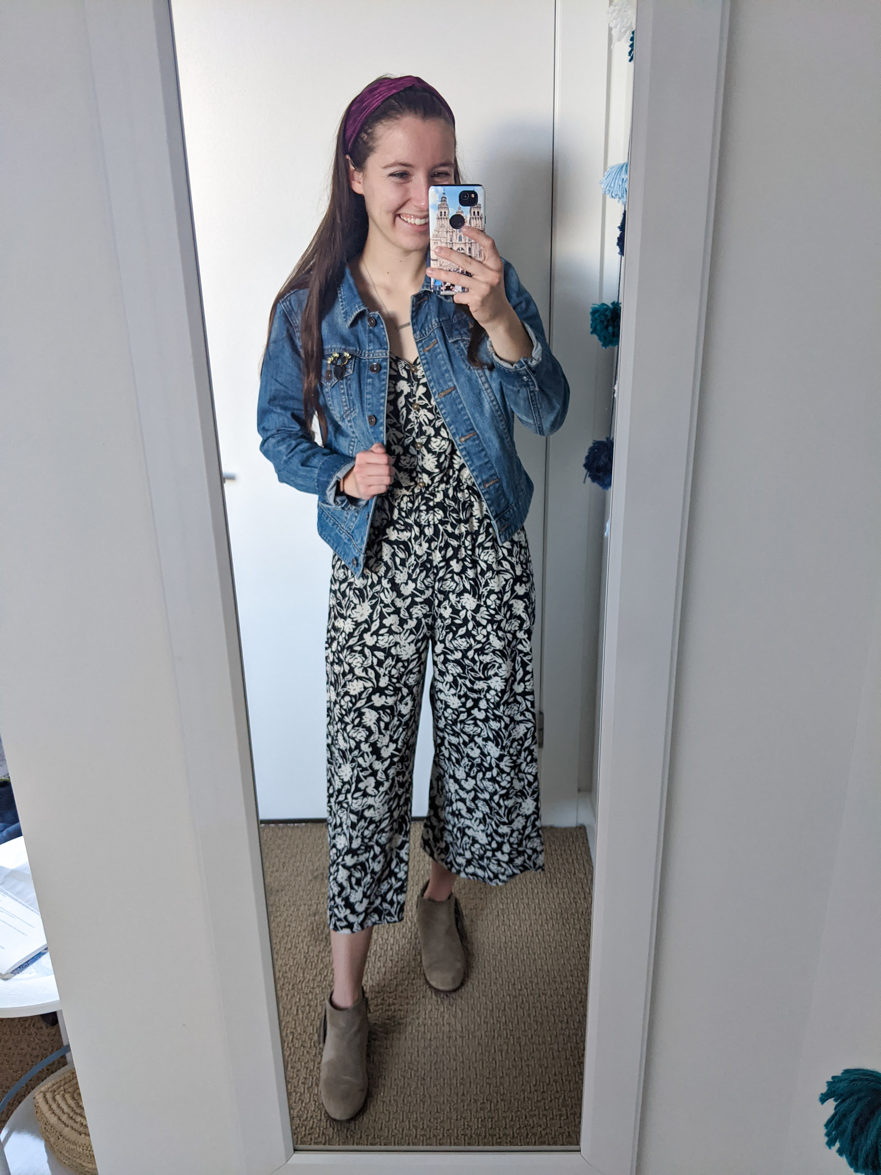 floral-jumpsuit-jean-jacket-beige-booties-fall-style