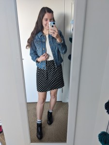 polka-dot-skirt-jean-jacket-girly-outfit
