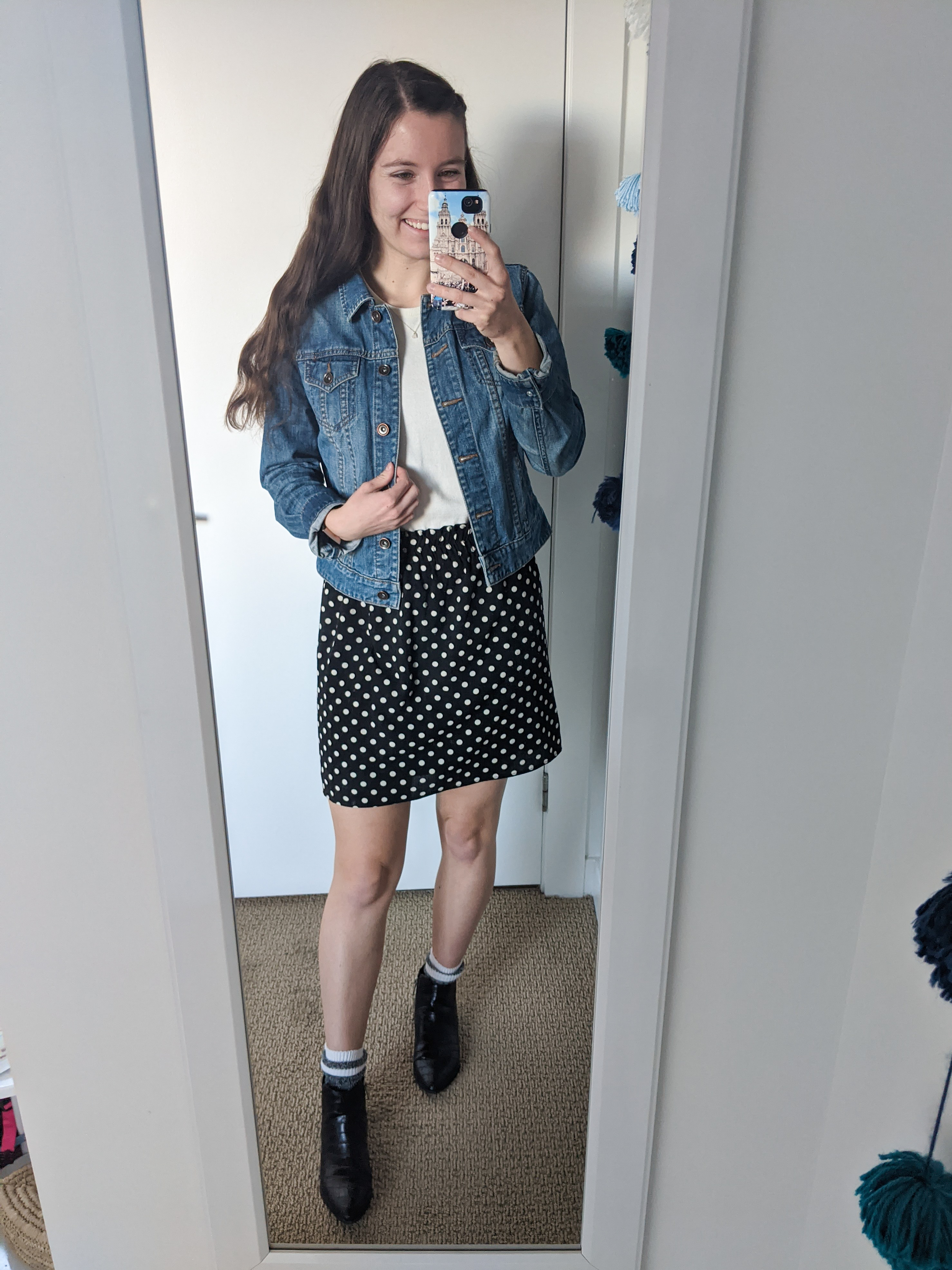 polka-dot-skirt-jean-jacket-girly-outfit