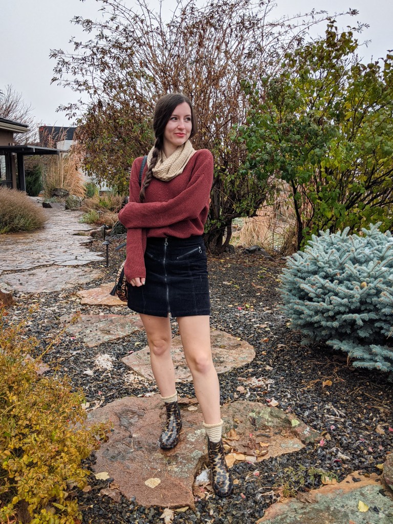 black-corduroy-skirt-rust-sweater-side-braid