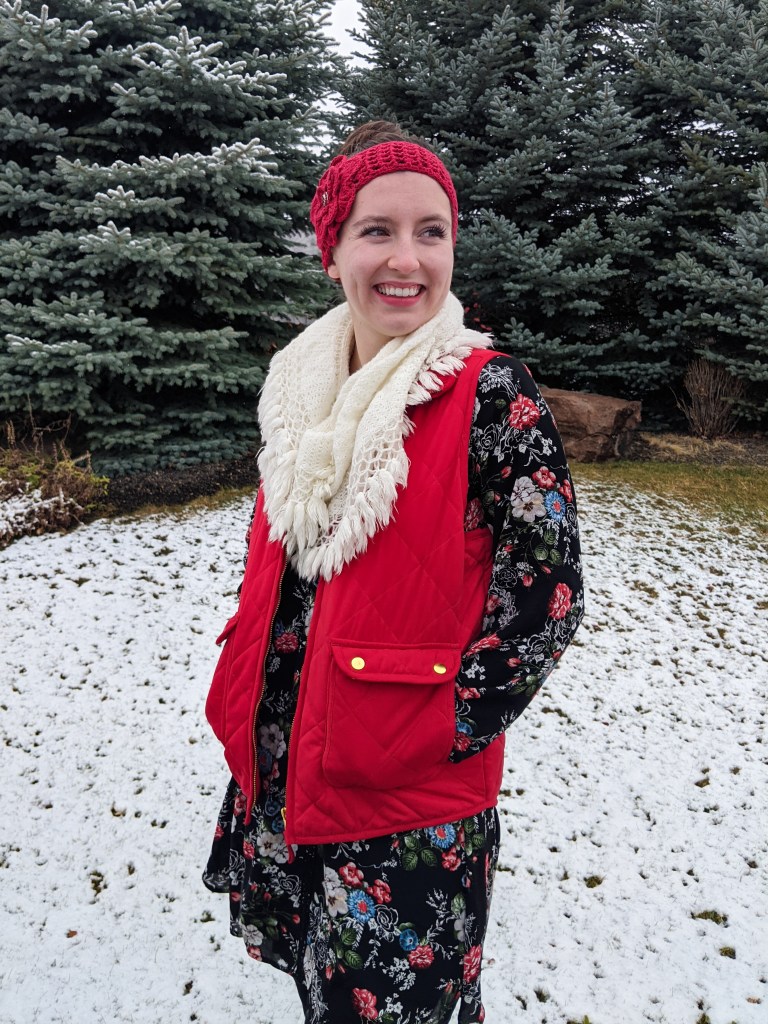 red-quilted-vest-winter-fashion-affordable-style-floral-dress