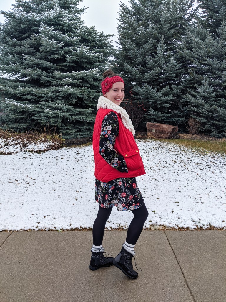 floral-dress-snow-boots-winter-dressing-red-earwarmer-quilted-vest