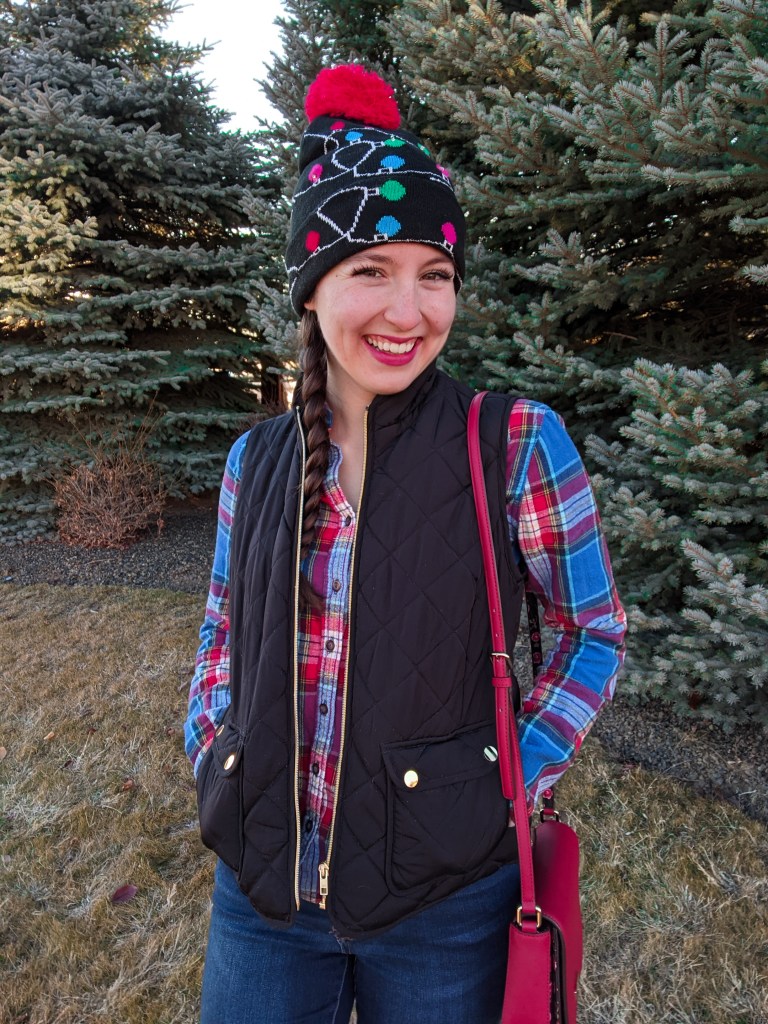 light-up-beanie-christmas-outfit-quilted-vest-plaid-flannel
