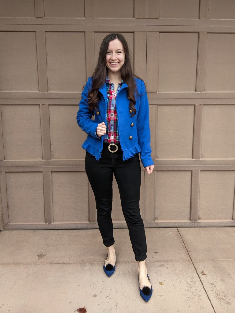 cobalt-blue-peacoat-plaid-flannel-pom-pom-shoes-pearl-belt