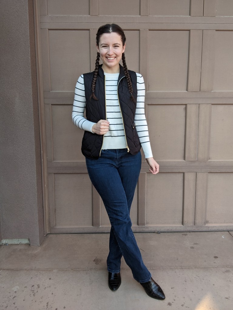 striped-sweater-banana-republic-black-quilted-vest-french-braids