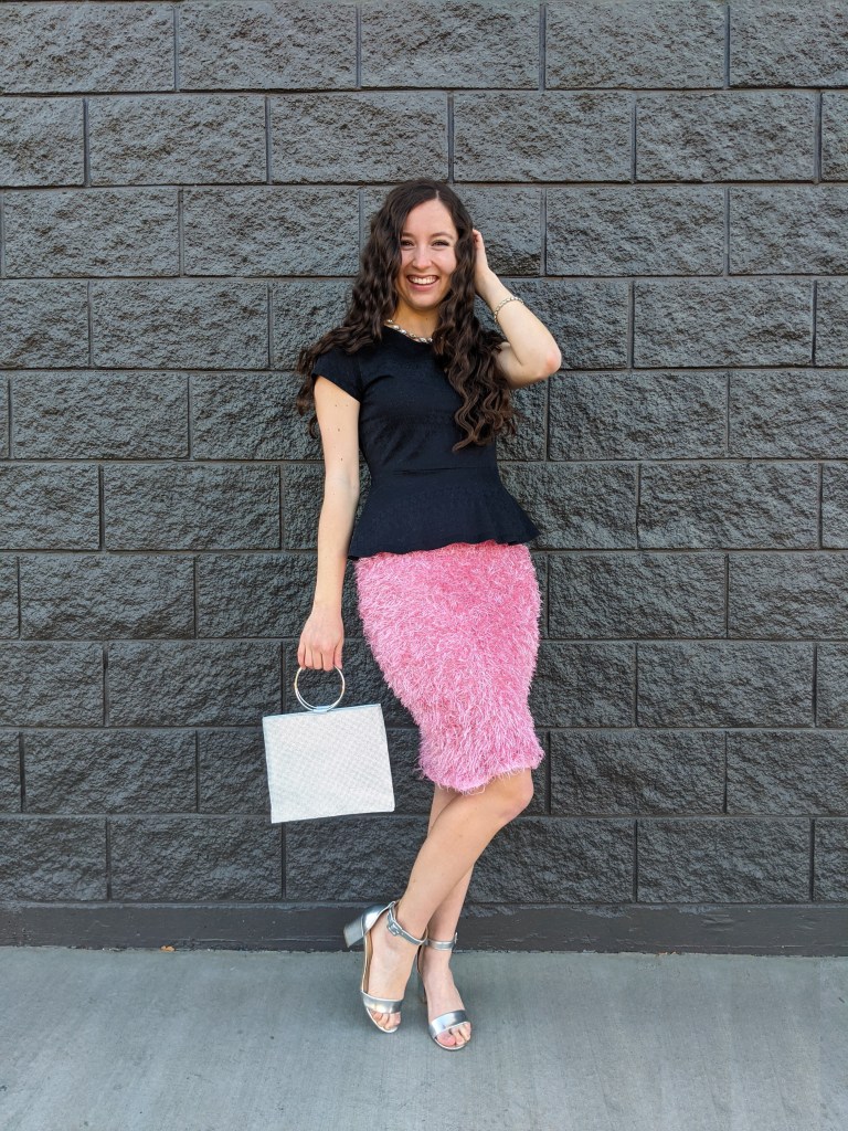 black-peplum-pink-pencil-skirt-silver-purse