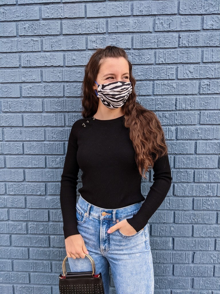 crimped-hair-zebra-facemask-pandemic-high-waisted-jeans