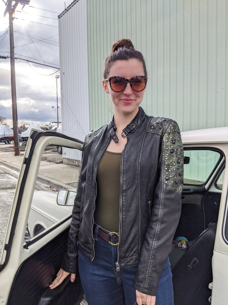 olive-green-bodysuit-leather-studded-jacket-loft-sunglasses