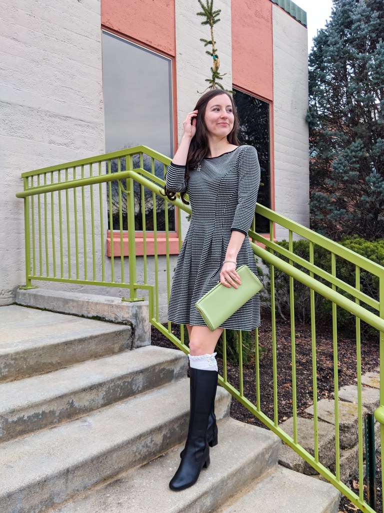 fit-and-flare-dress-black-knee-boots-clarks-dsw