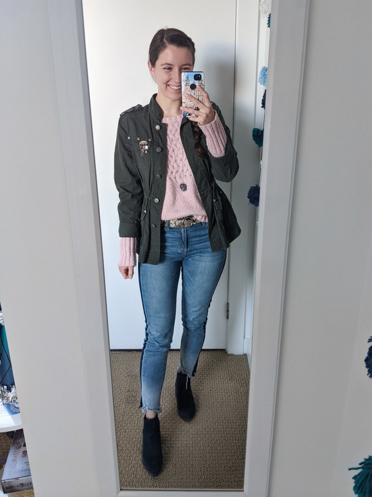 pink-sweater-utility-jacket-tuxedo-stripe-jeans