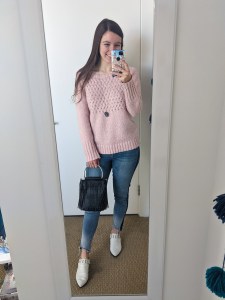 pink-sweater-tuxedo-stripe-jeans-white-mules-black-fringe-purse