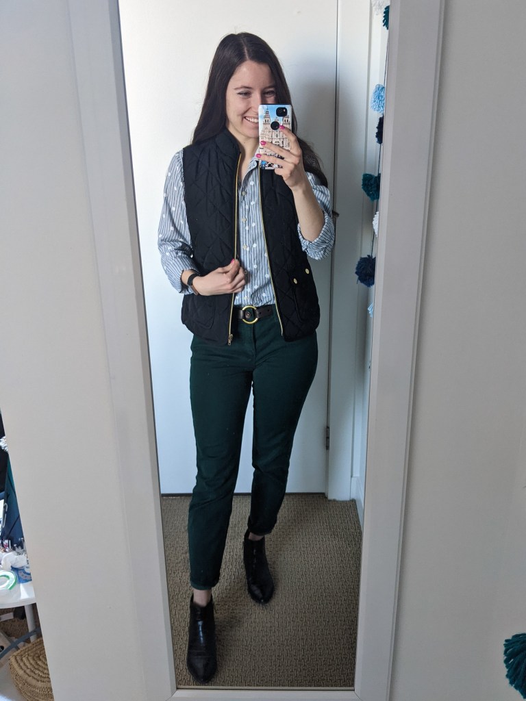 collared-shirt-black-vest-green-pants