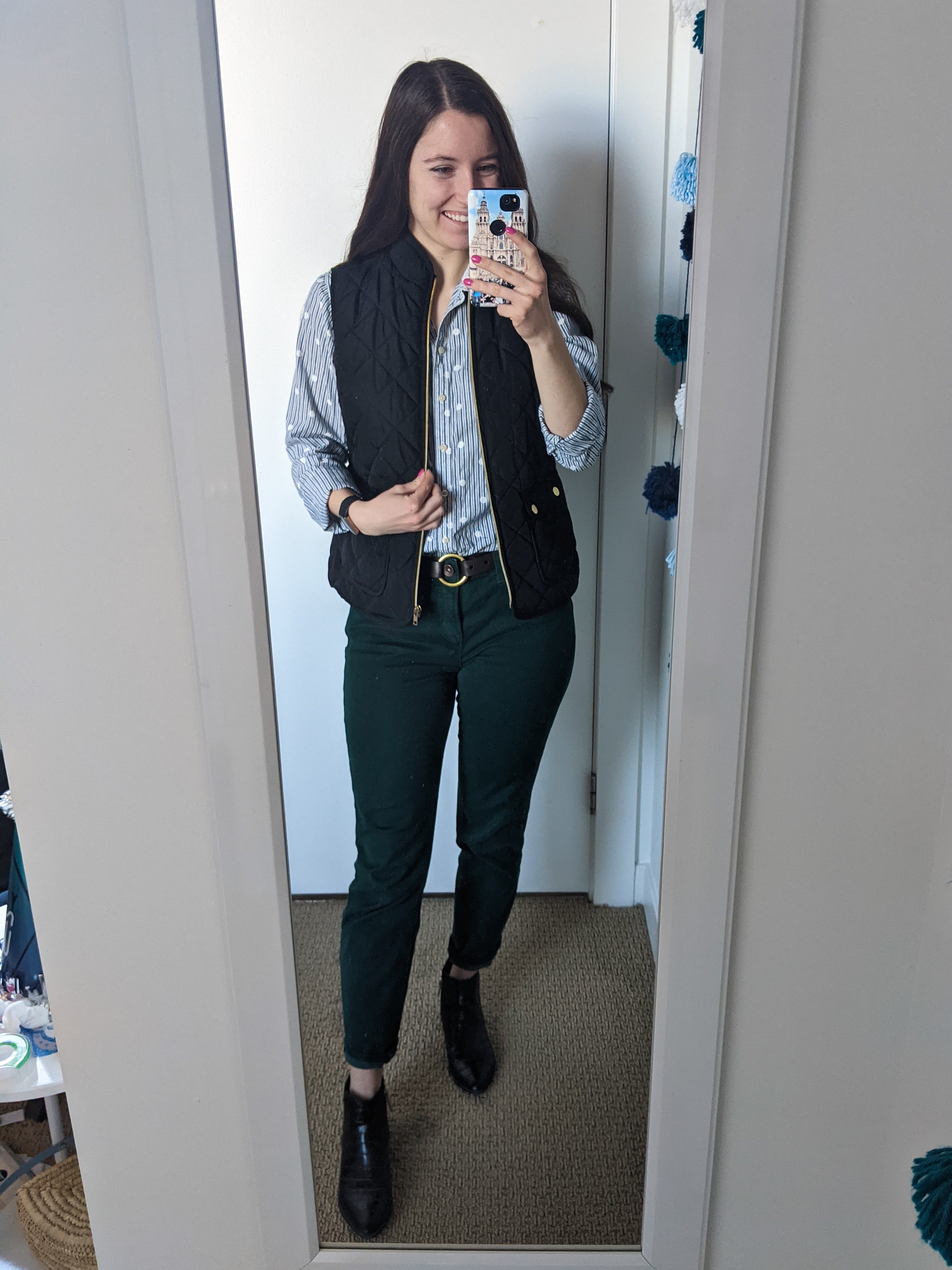 collared-shirt-black-vest-green-pants