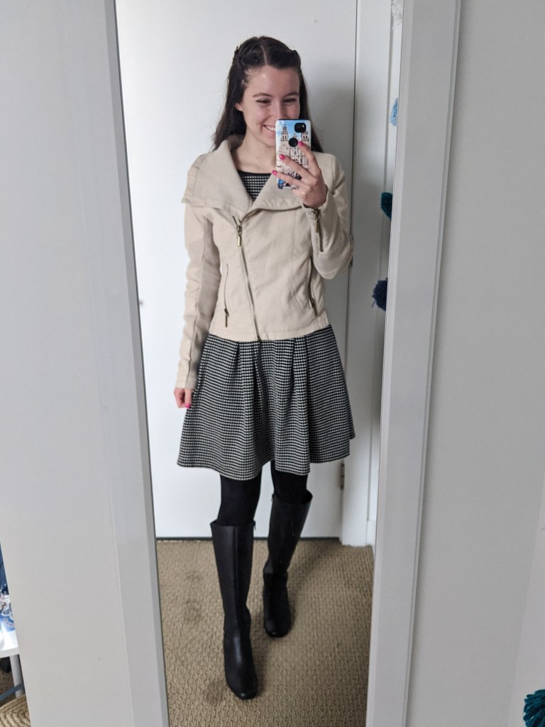 beige-jacket-patterned-dress-black-tights-black-knee-boots