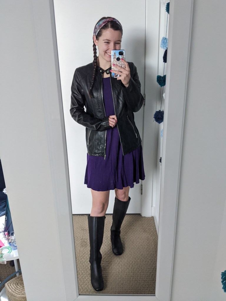 purple-dress-black-leather-jacket-black-knee-boots