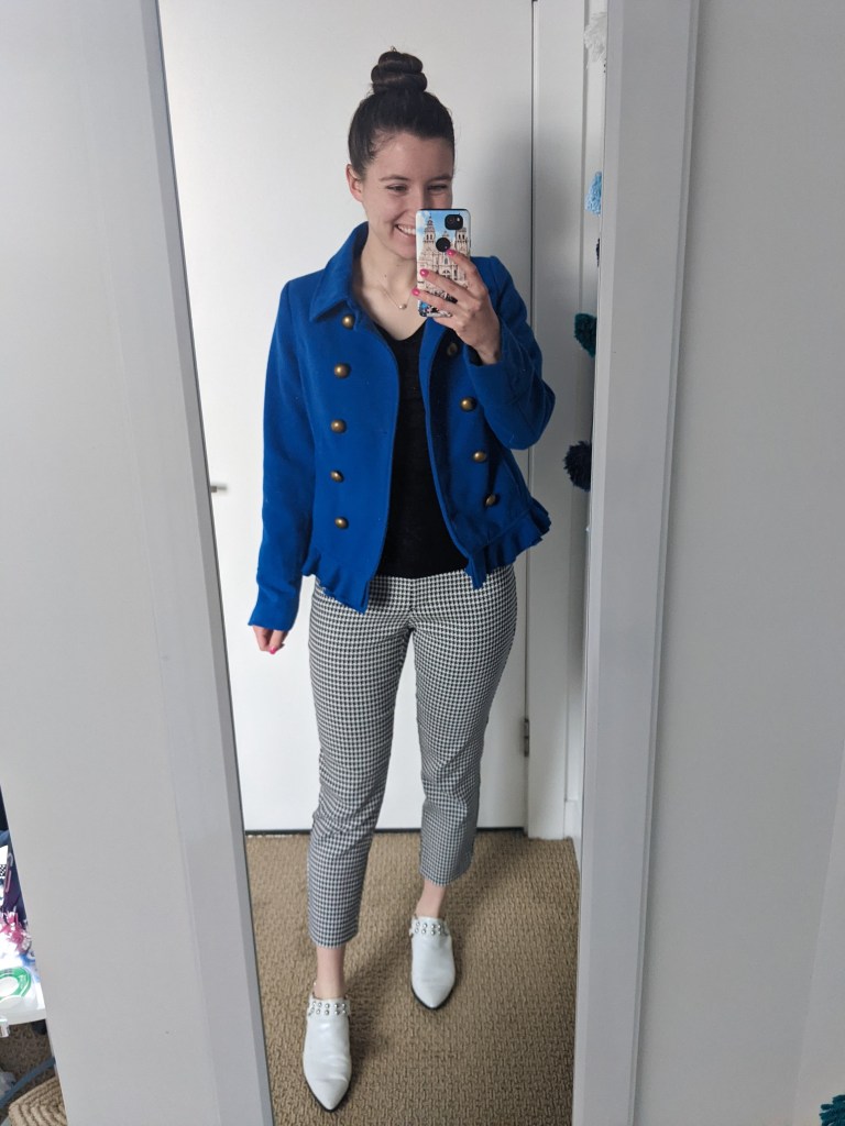 blue-peacoat-houndstooth-pants-white-mules