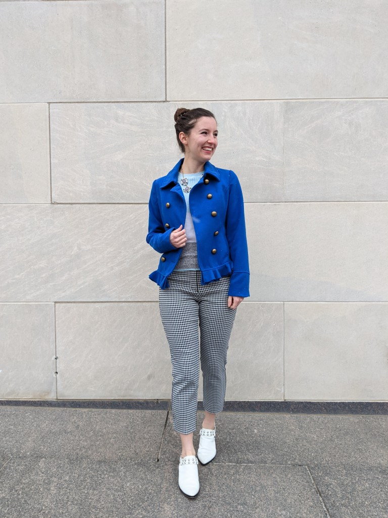 cobalt-blue-coat-peacoat-houndstooth-pants-white-mules