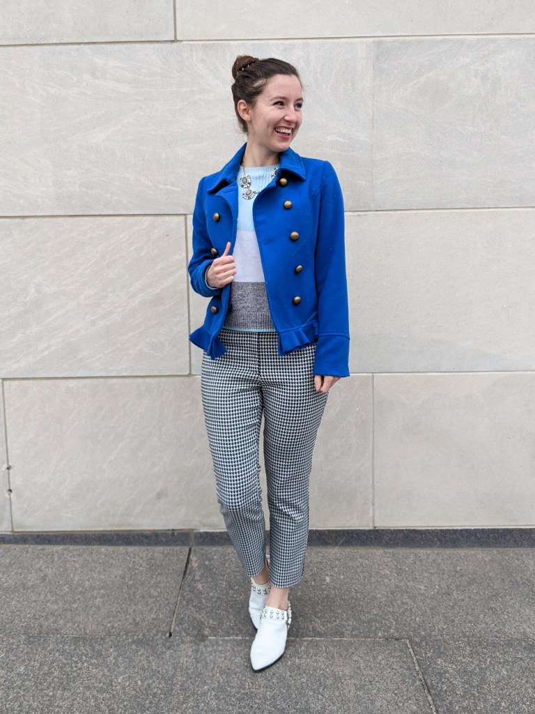white-mules-houndstooth-pants-blue-coat-striped-sweater