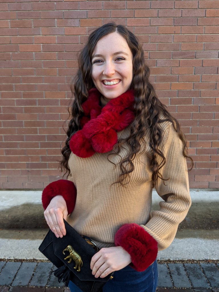 red-faux-fur-scarf-cuffs-sweater-weather-crimped-hair