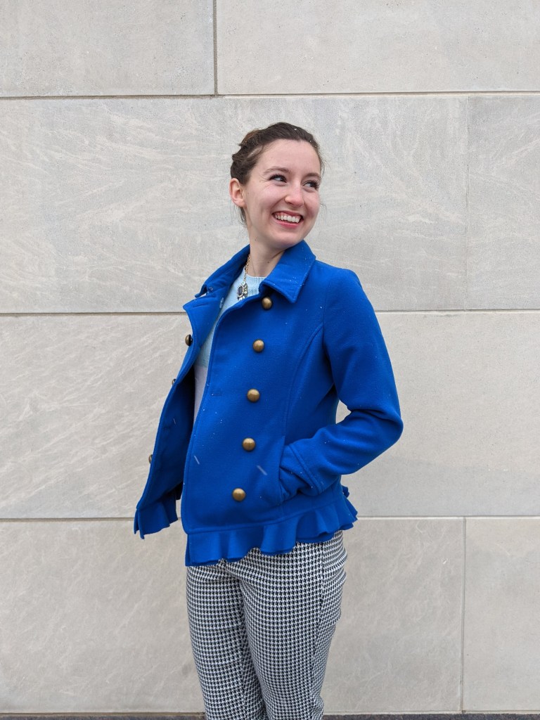 gold-buttons-peacoat-houndstooth-pants-work-attire