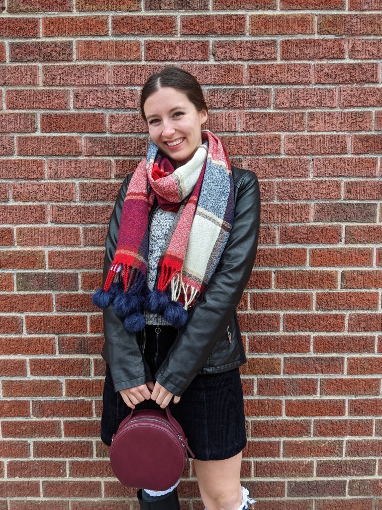 plaid-scarf-circle-purse-black-pleather-jacket