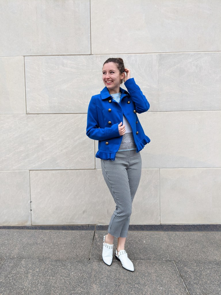 white-mules-houndstooth-pants-blue-statement-coat