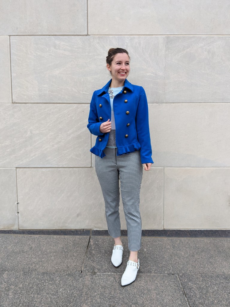 white-mules-houndstooth-pants-blue-coat-statement-necklace