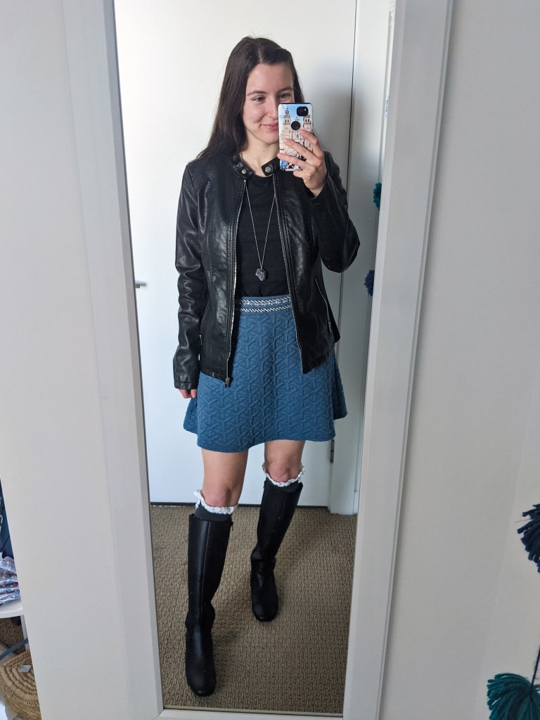 black-top-blue-skirt-knee-socks-black-knee-boots-pleather-jacket