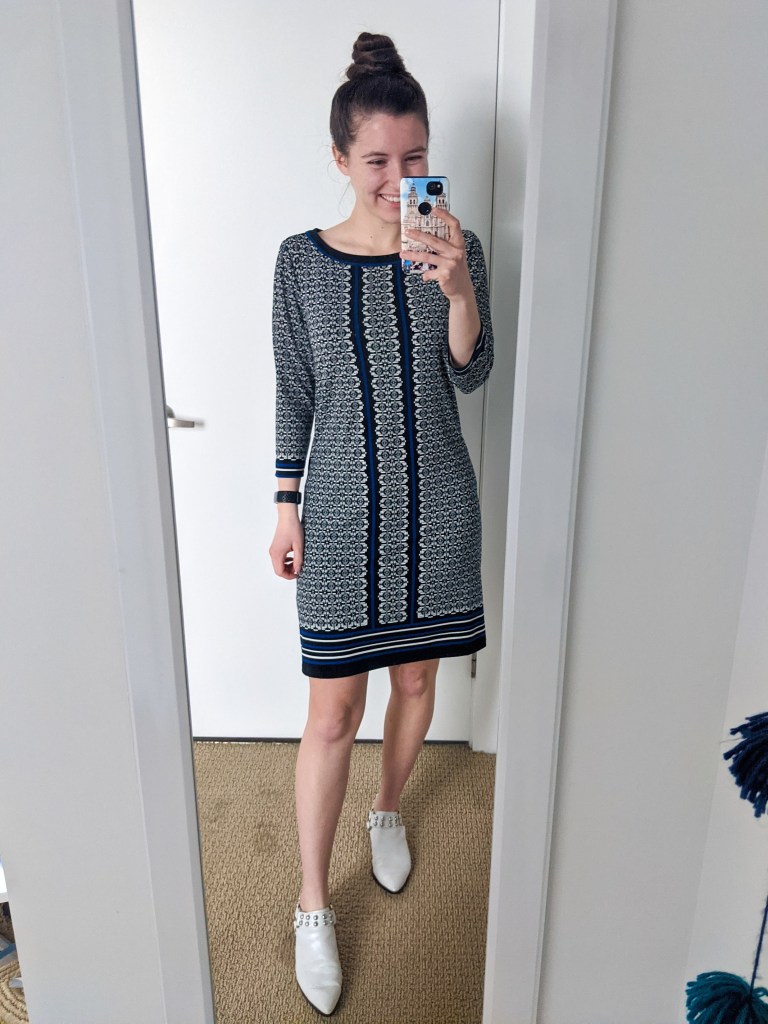 blue-black-patterned-dress-white-mules
