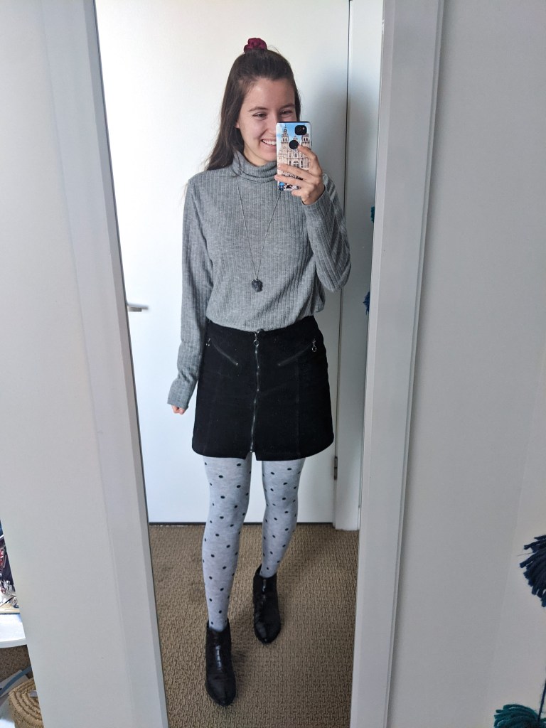 grey-turtleneck-black-corduroy-skirt-polka-dot-tights-black-booties